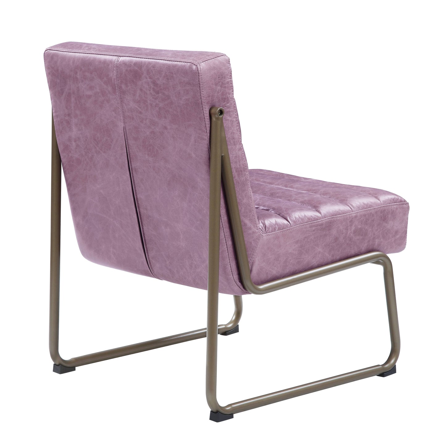 Mauve leather accent chair with quilted seat and metal frame