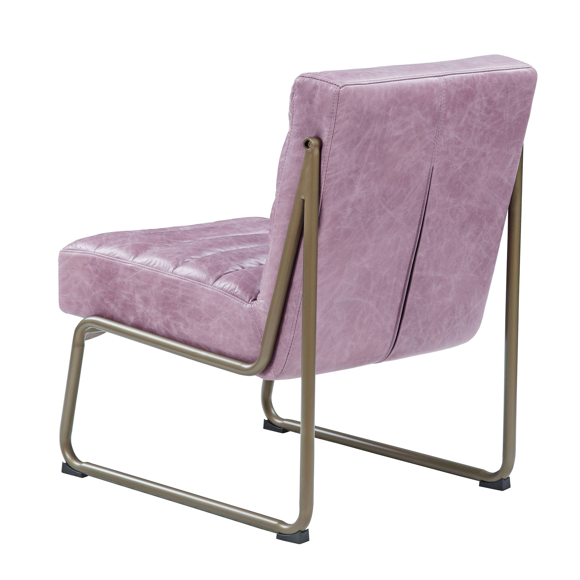 Mauve leather accent chair with tufted seat and matte gold metal frame