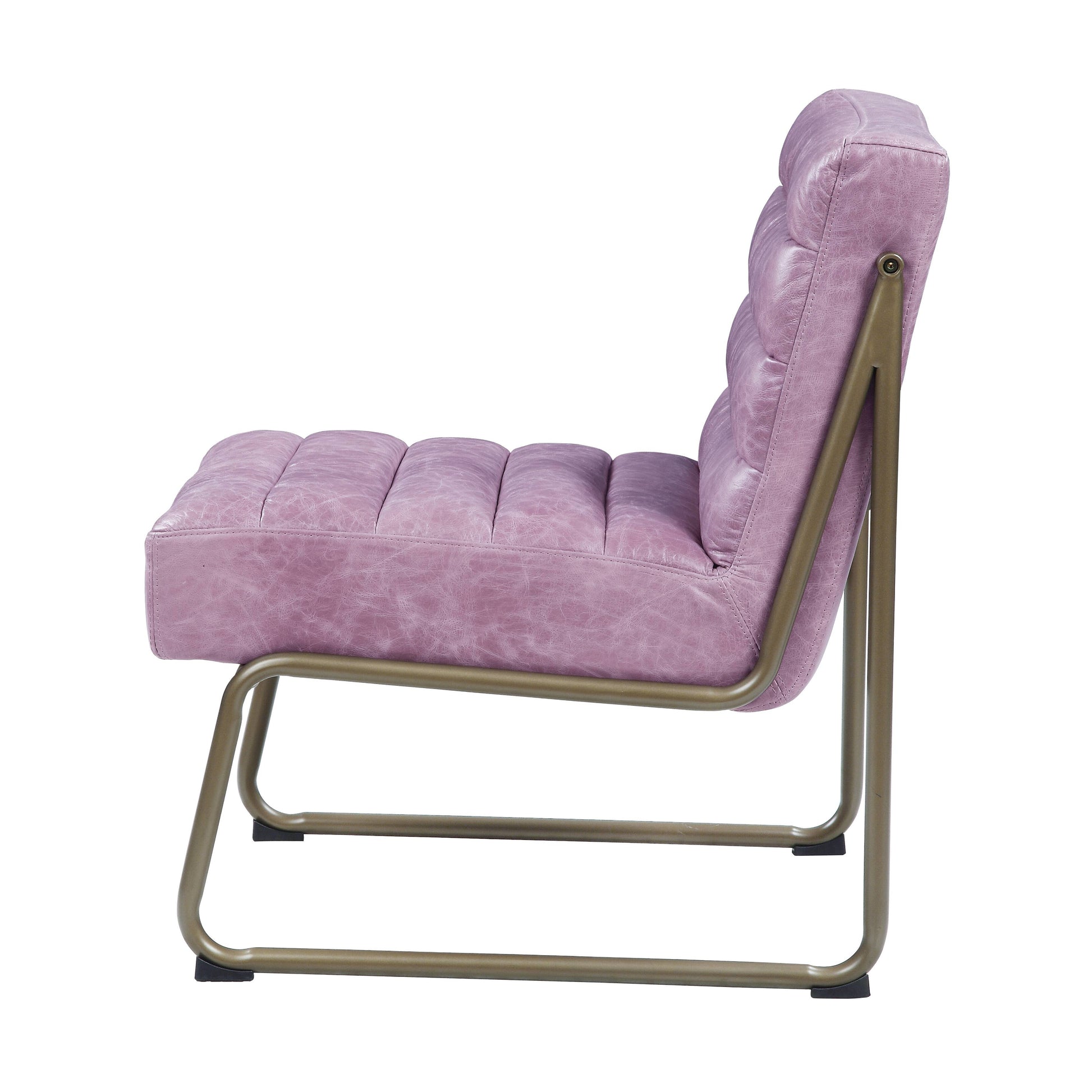 Quilted lilac faux leather armchair with brass metal frame