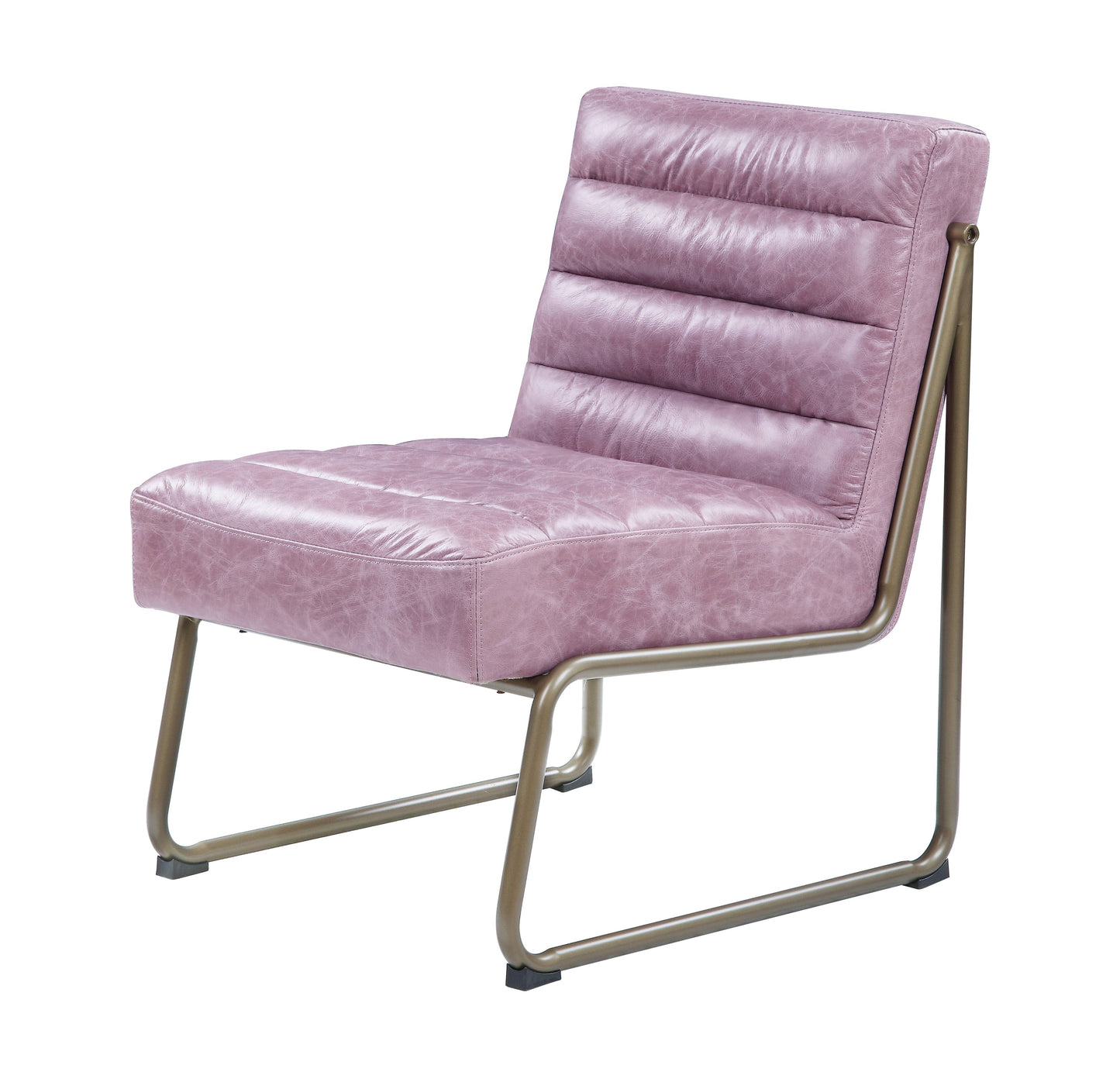 Mauve tufted leather armchair with brushed metal frame midcentury modern style
