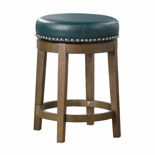 Teal leatherette swivel bar stool with nailhead trim and wood legs