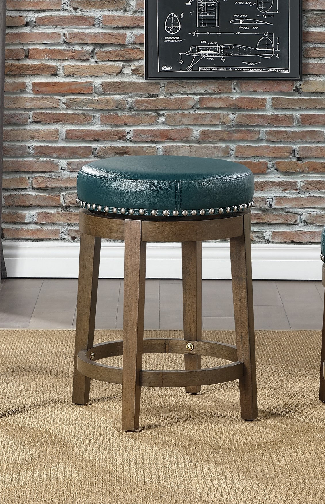 Teal leather bar stool with silver nailhead trim and wooden legs