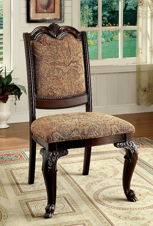 Dark mahogany dining chair with ornate paisley upholstered seat and back