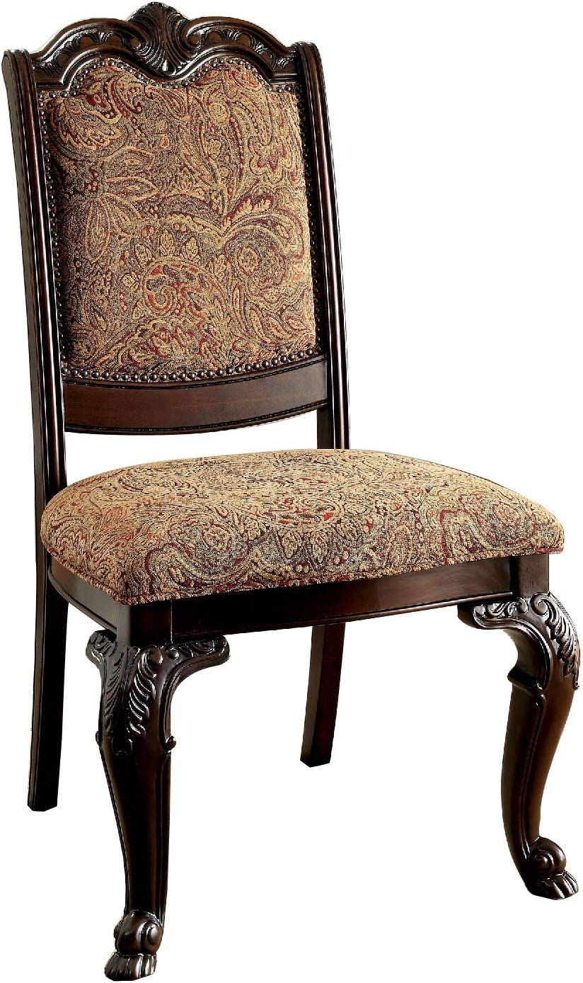 Traditional dining chair with dark wood frame and ornate paisley fabric upholstery