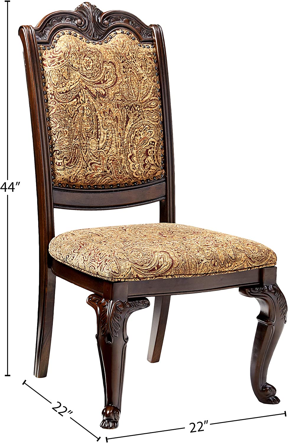 Ornate dark wood dining chair with paisley upholstered seat and back