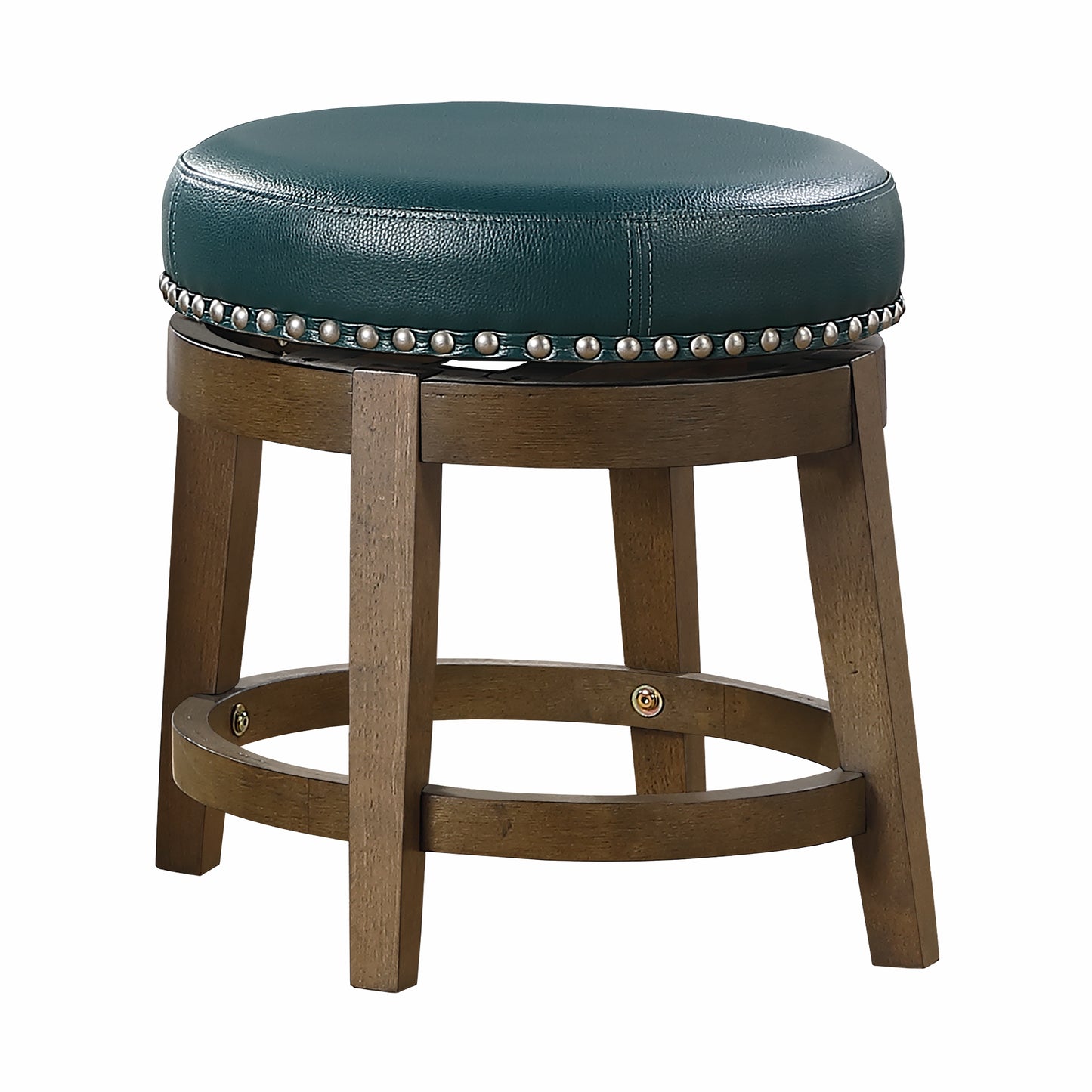Deep teal leather swivel stool with silver nailhead trim and dark wood base