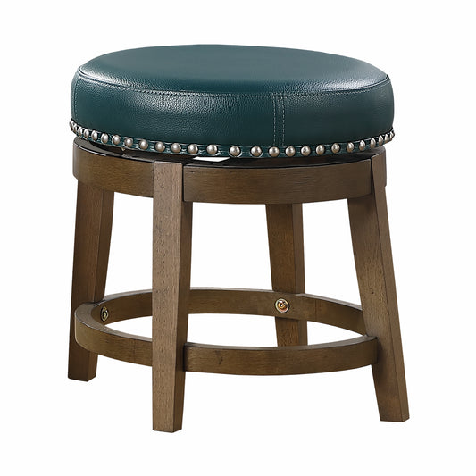 Deep teal leather swivel stool with silver nailhead trim and dark wood base