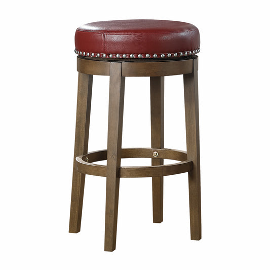 Brown wooden bar stool with round red leather seat and decorative nailhead trim