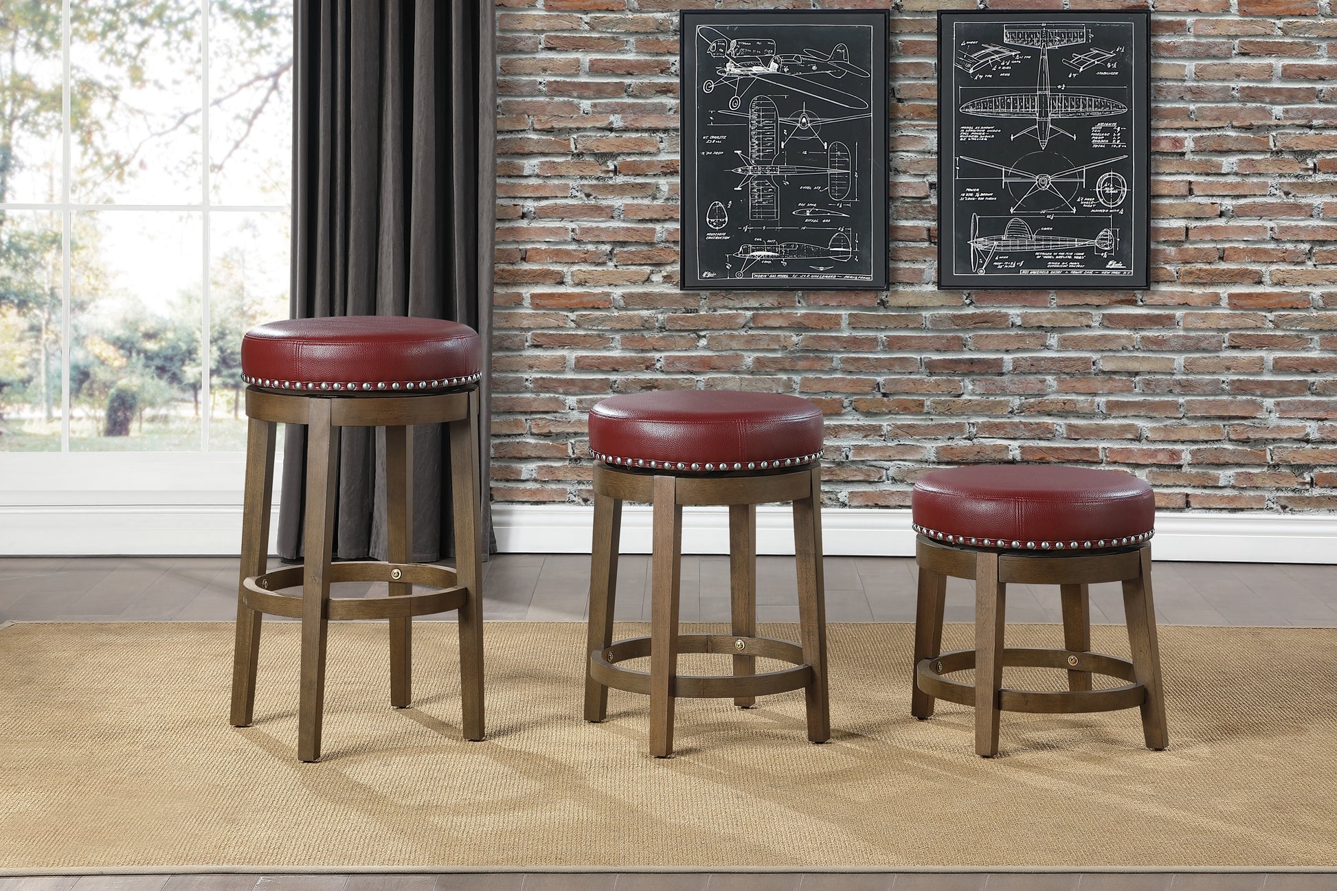 Red leather swivel bar stool with nailhead trim and wooden legs