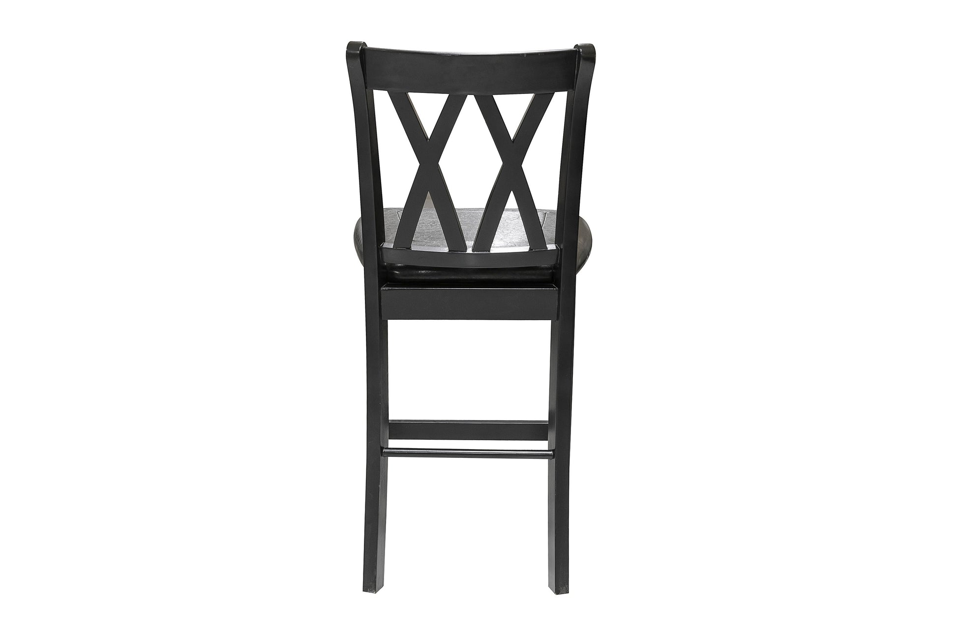 Back view of a black wooden bar stool with Xback design and cushioned seat