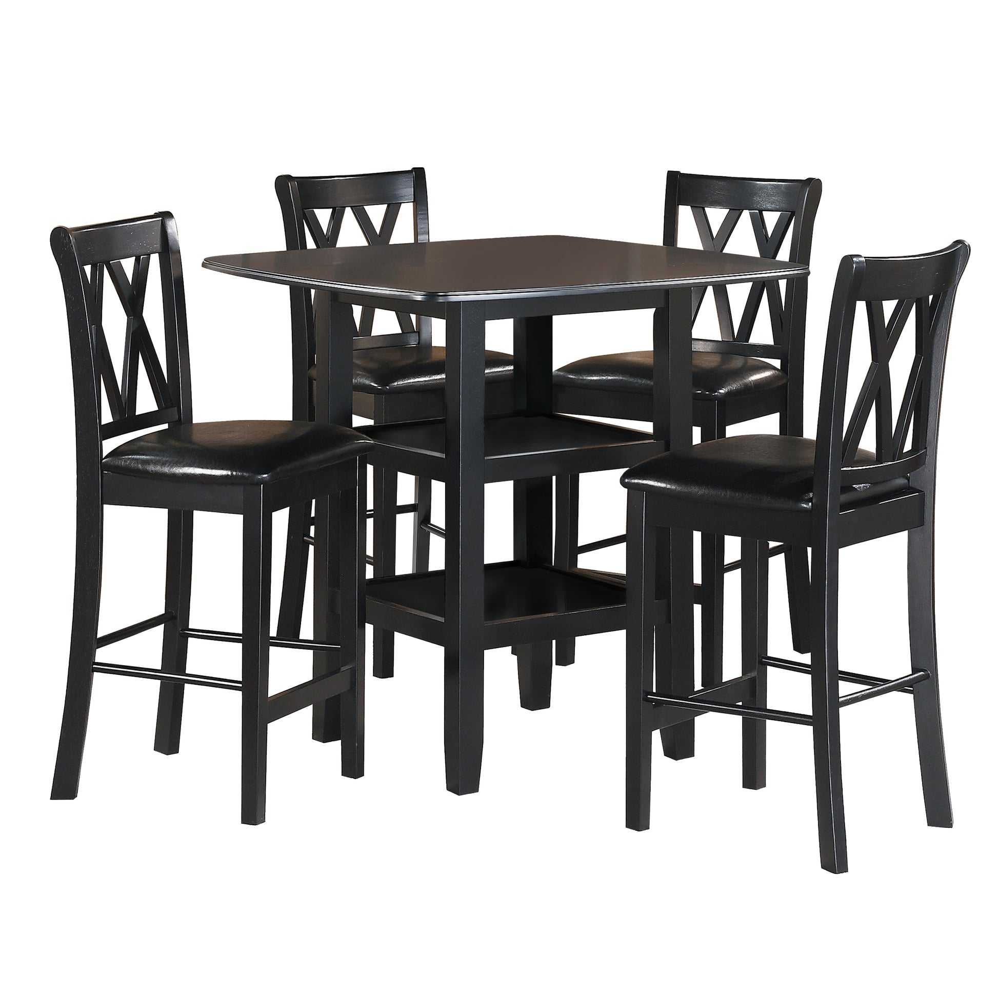 Black wooden counter height dining set with four upholstered chairs and a square table