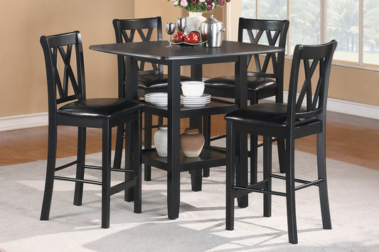 Black square counter height table with four upholstered stools for dining