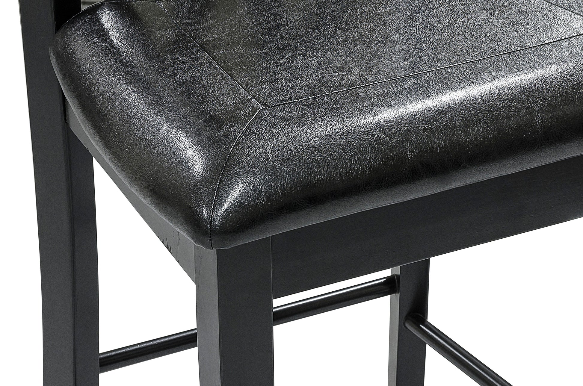 Black faux leather cushioned seat with stitched detailing on a dark wood bar stool