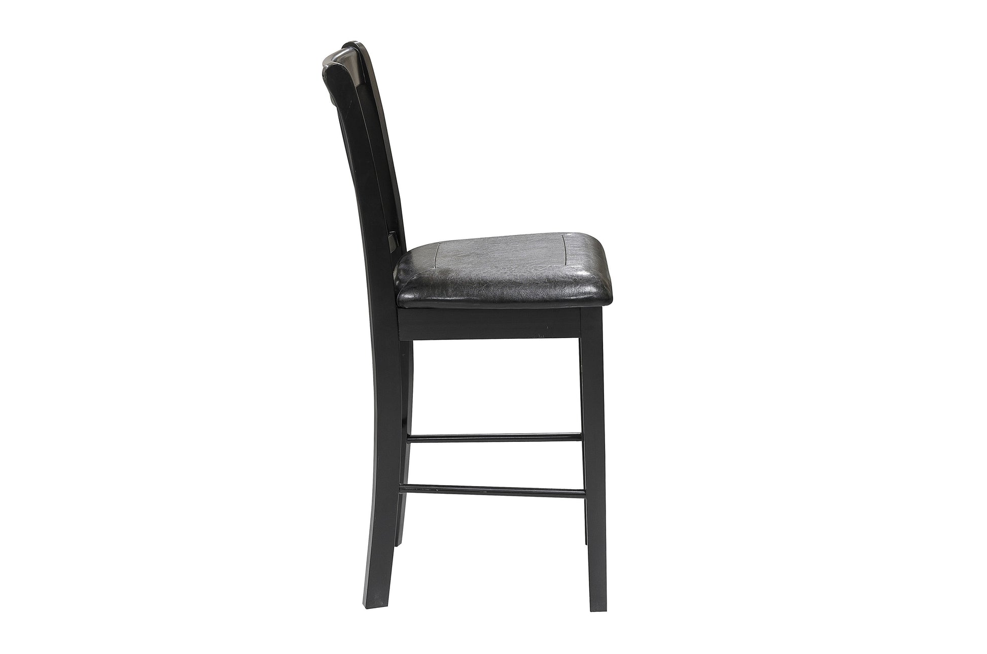 Black leather upholstered bar stool with wooden frame
