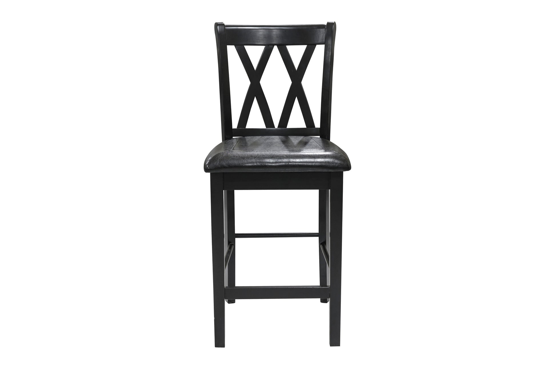 Black wooden bar stool with distressed leather seat and Xback detail