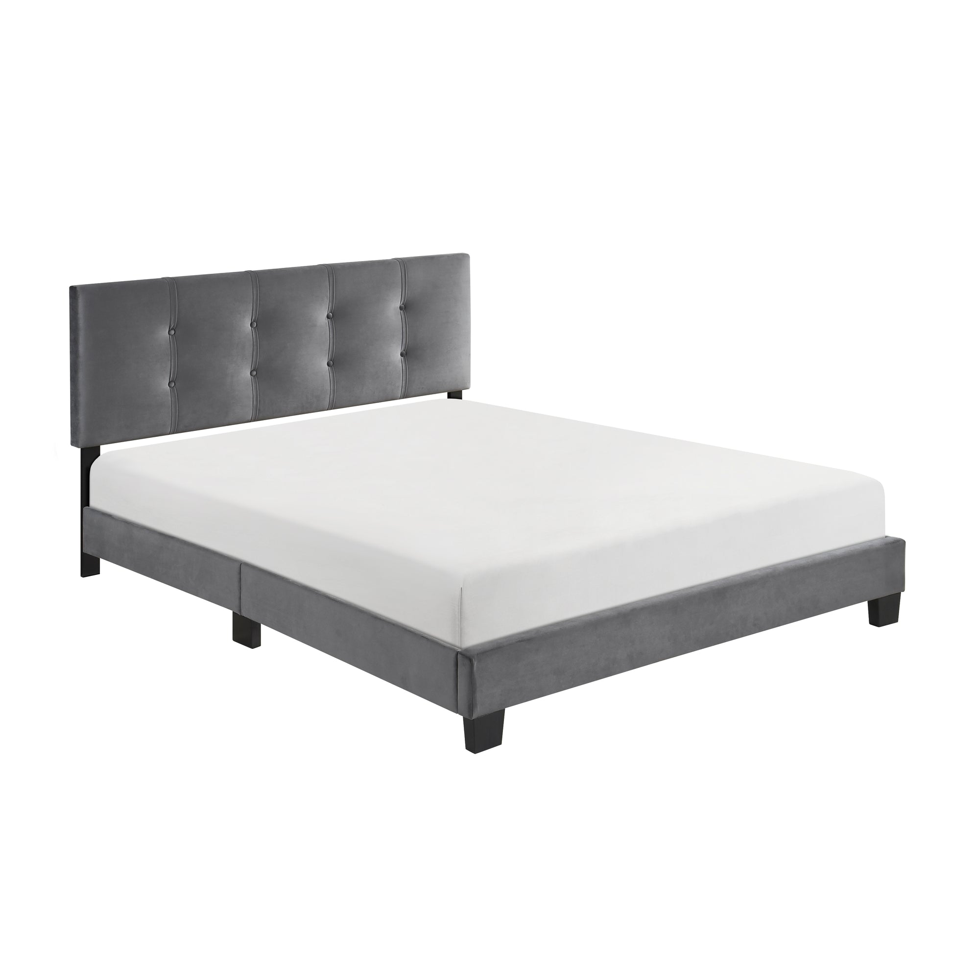 Tufted grey velvet bed frame with a modern design and wooden legs queen size