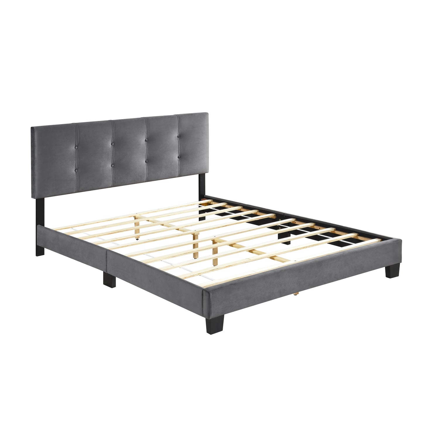 Tufted grey velvet king bed frame with wooden slats modern design