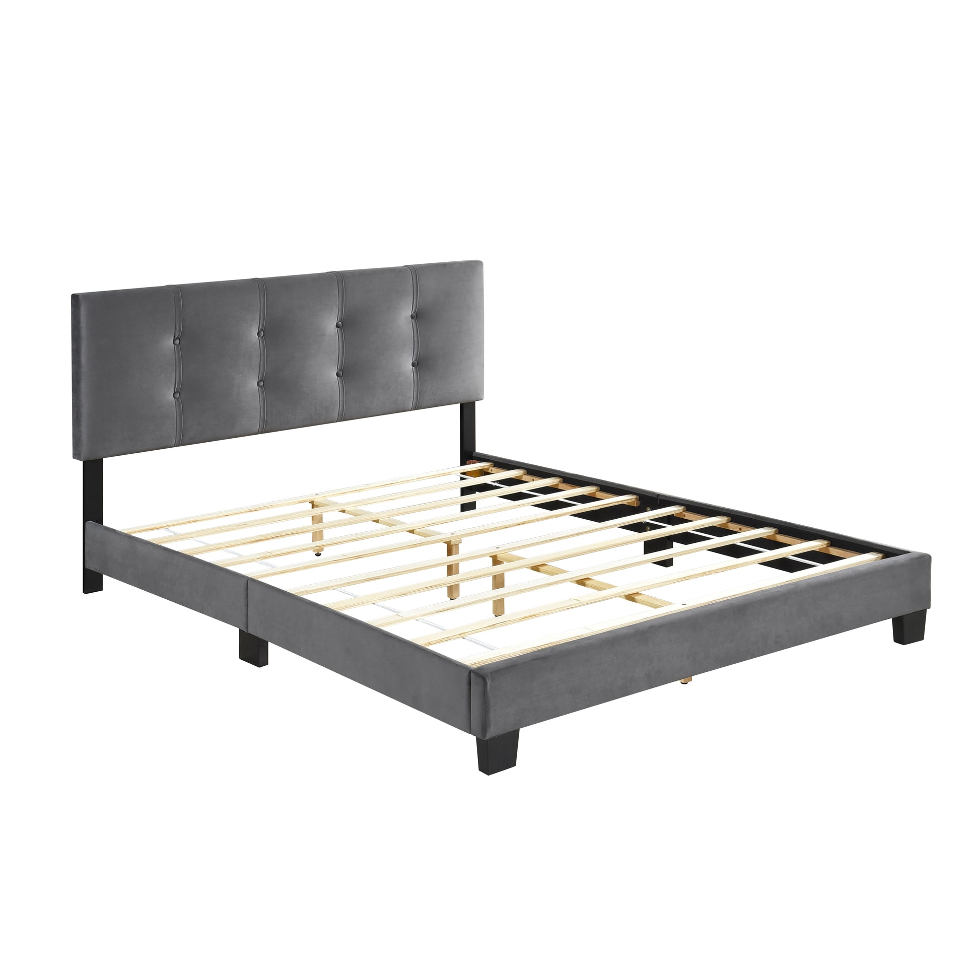Tufted grey velvet king bed frame with wooden slats modern design