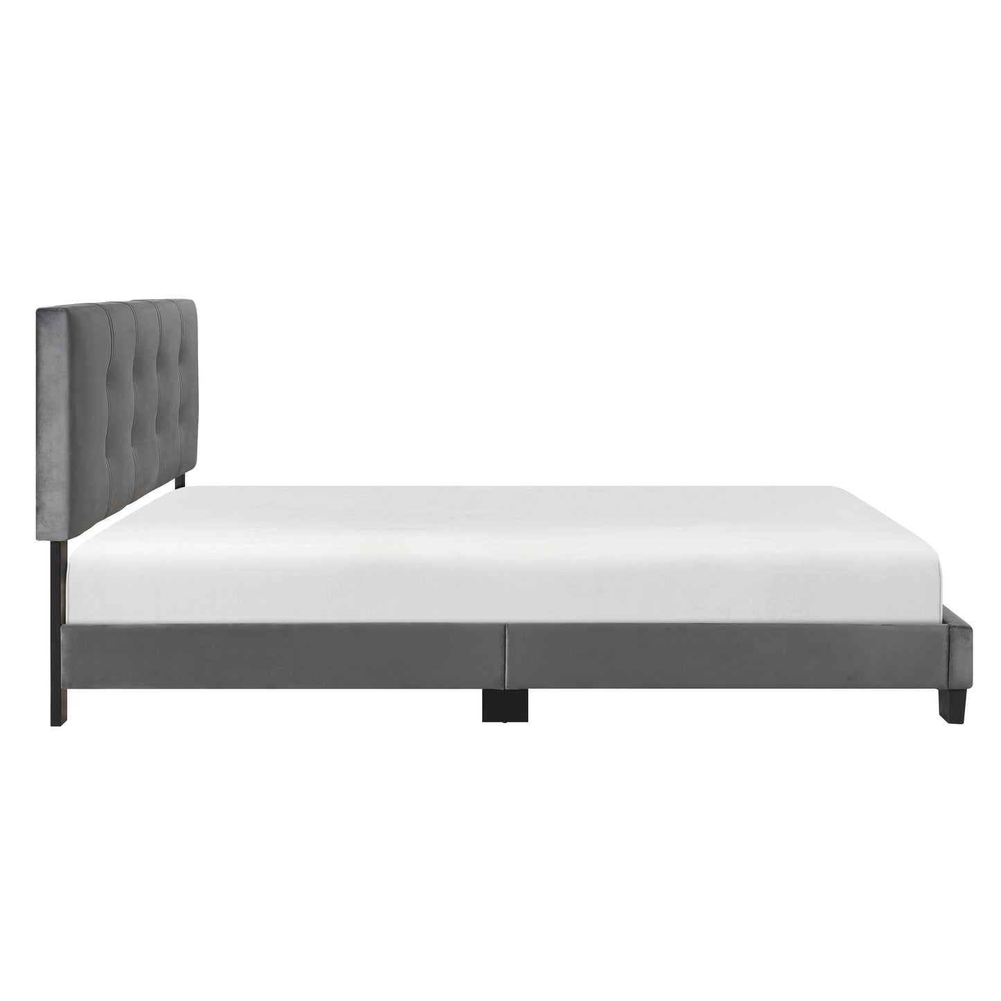 Gray velvet platform bed frame with buttontufted headboard and white mattress