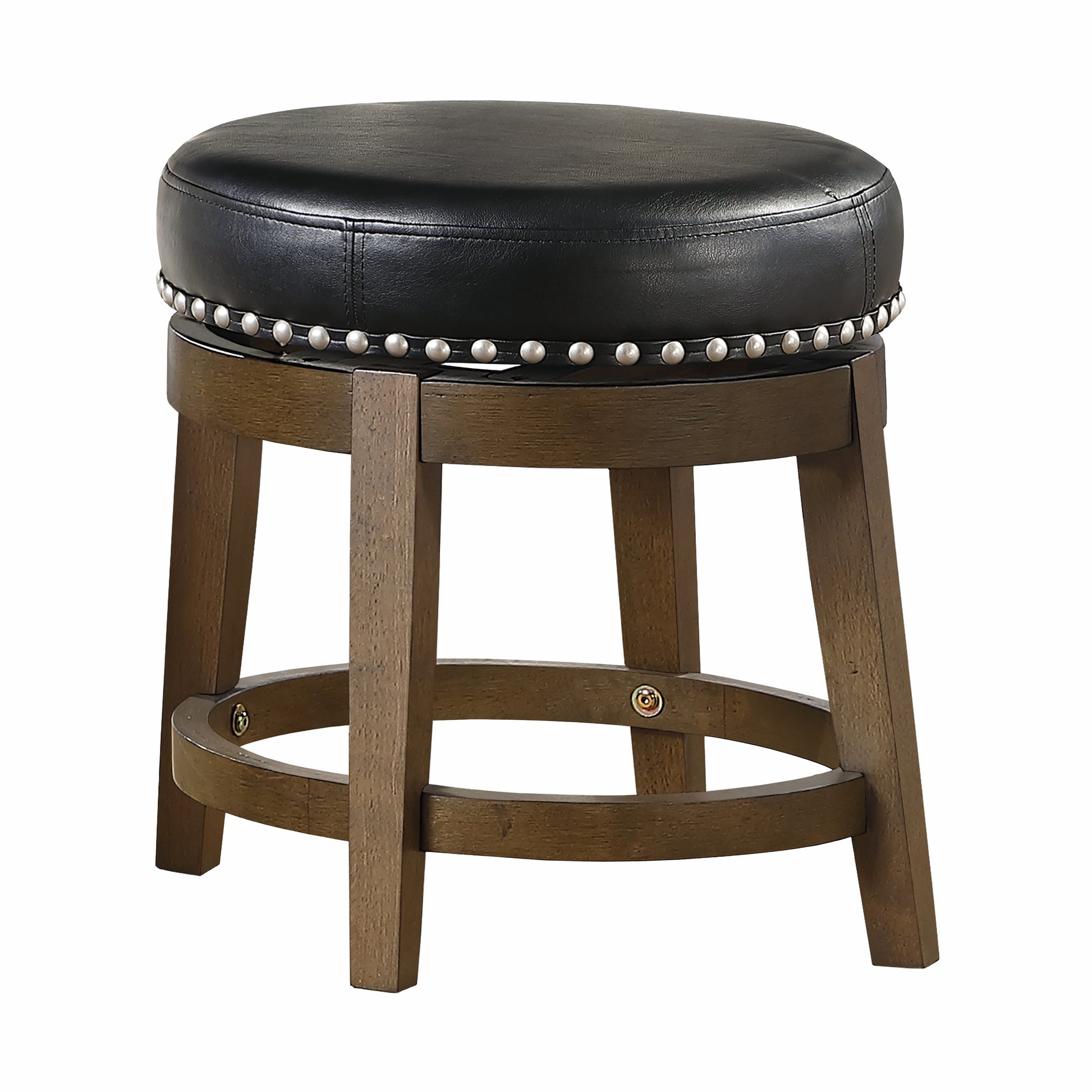 Round black leather bar stool with silver nailhead trim and wooden legs
