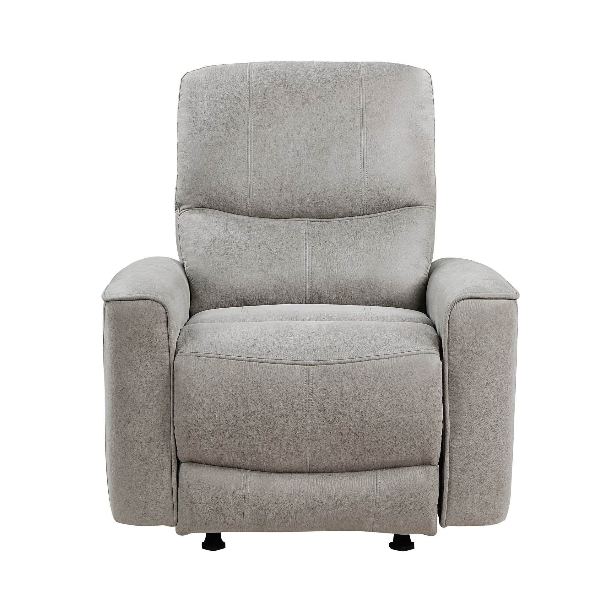Gray fabric recliner chair with padded armrests and headrest