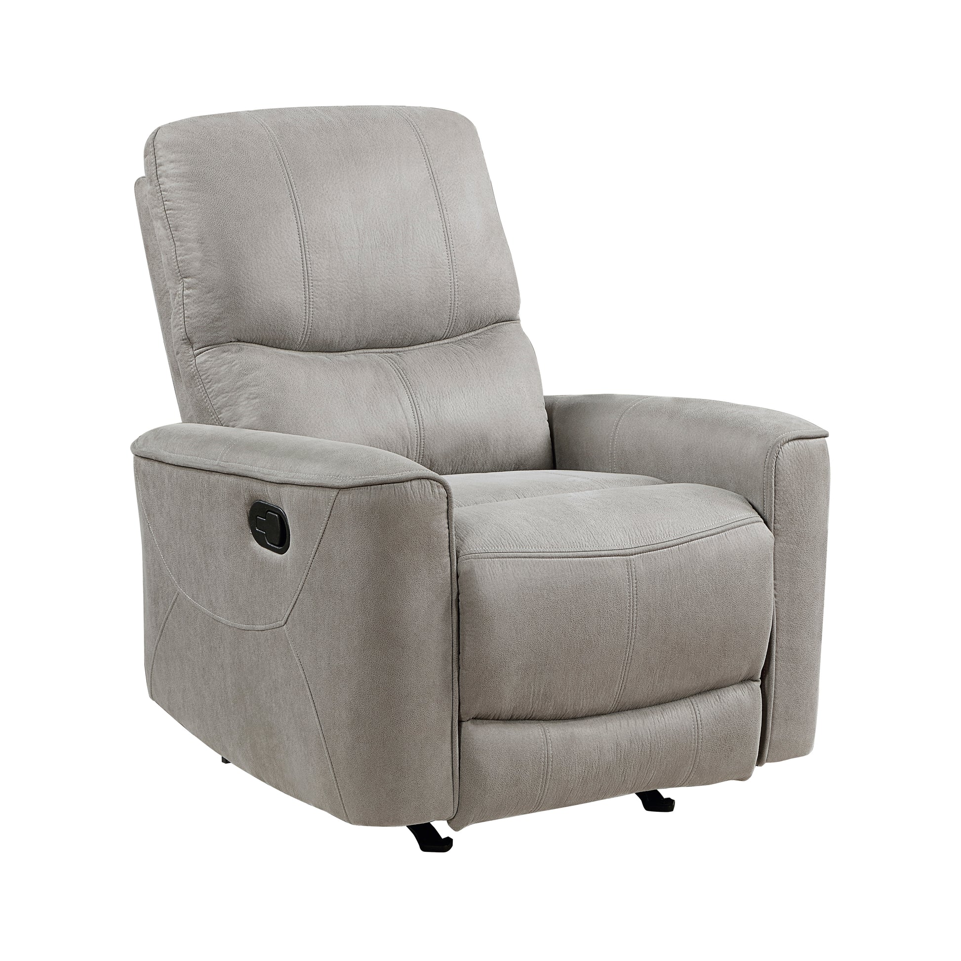 Grey fabric recliner chair with padded headrest and armrests featuring a manual lever