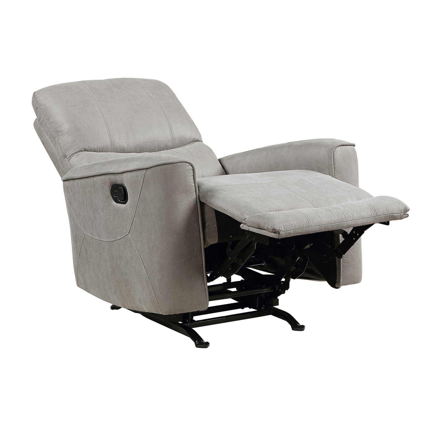 Light gray fabric recliner chair with reclining footrest extended for comfort