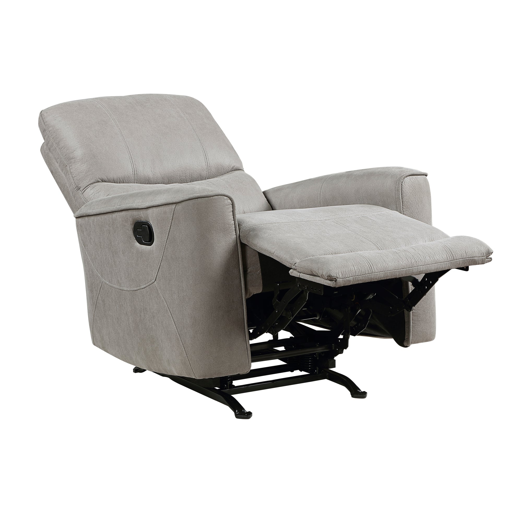 Light gray fabric recliner chair with reclining footrest extended for comfort
