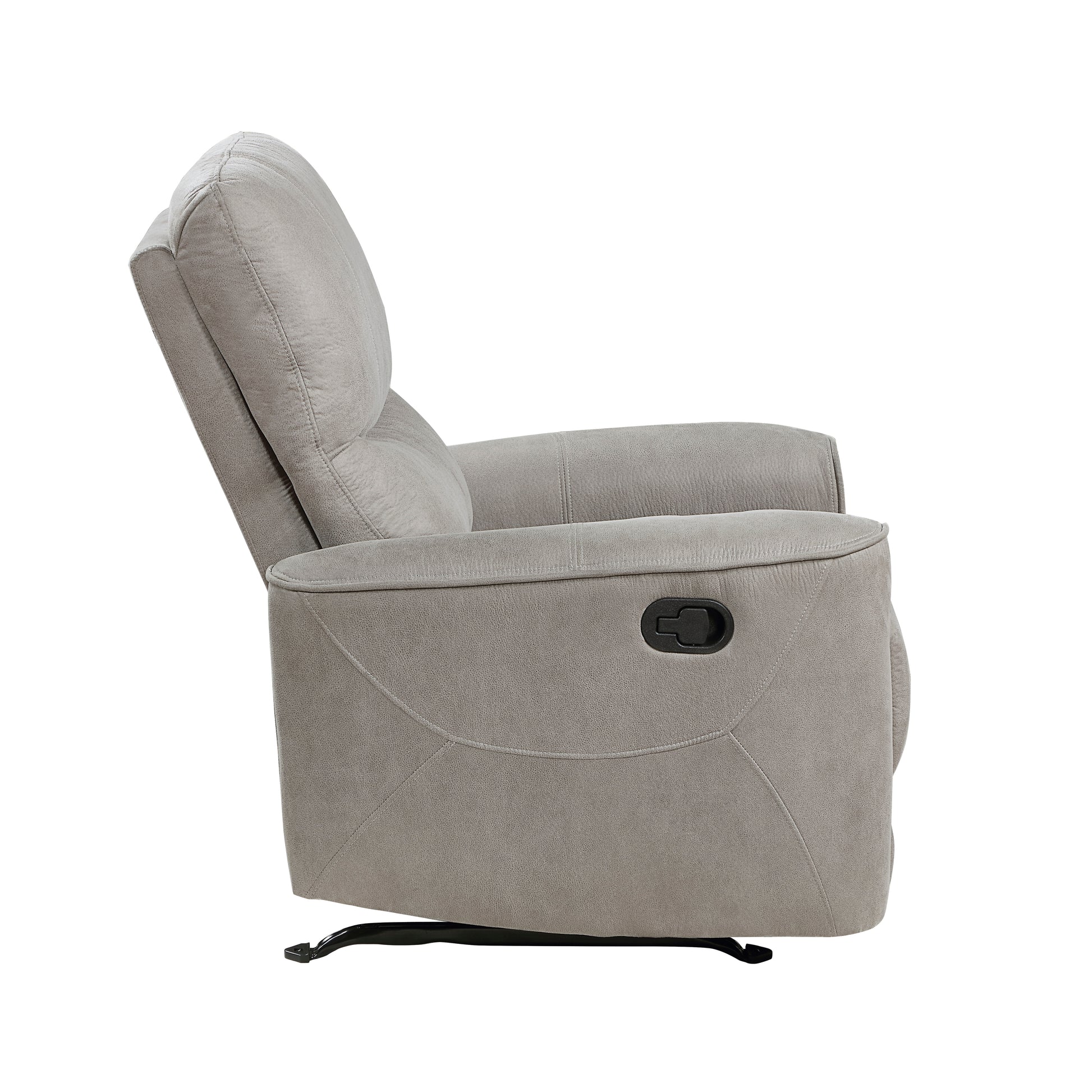 Side view of a gray fabric recliner chair with a lever on the side