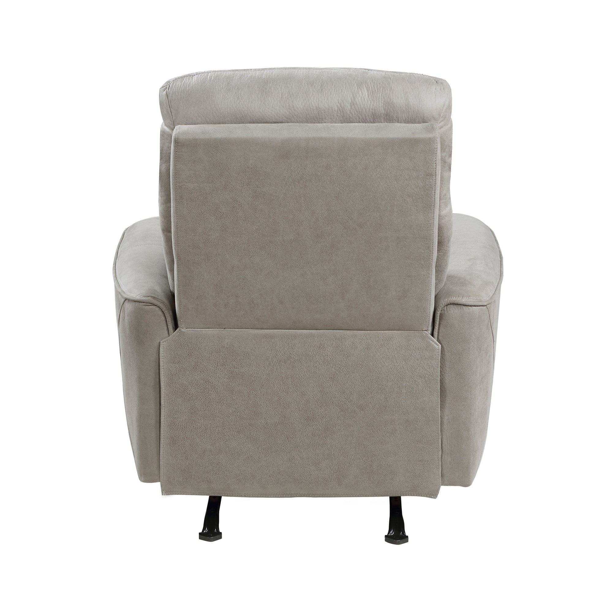 Rear view of a grey recliner chair with plush cushioning and metal legs