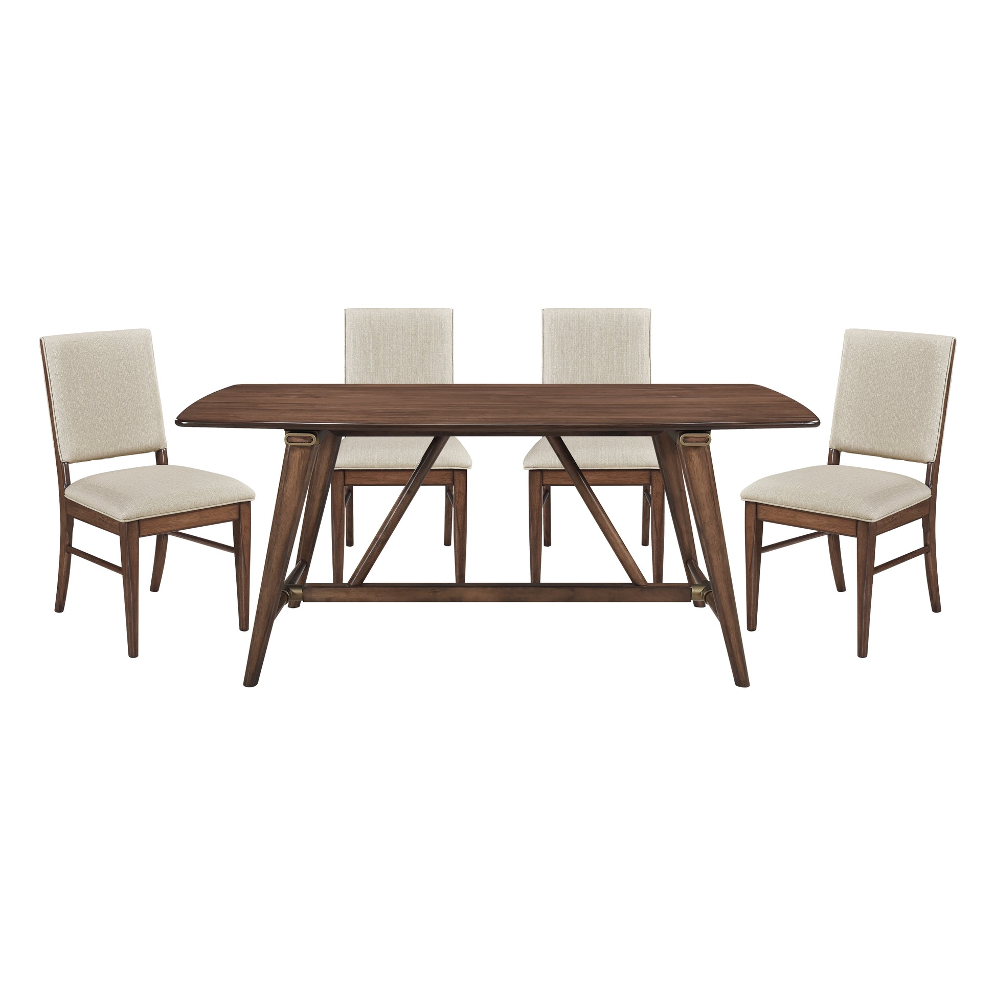 Dark wood dining table with cream upholstered chairs a modern farmhouse set