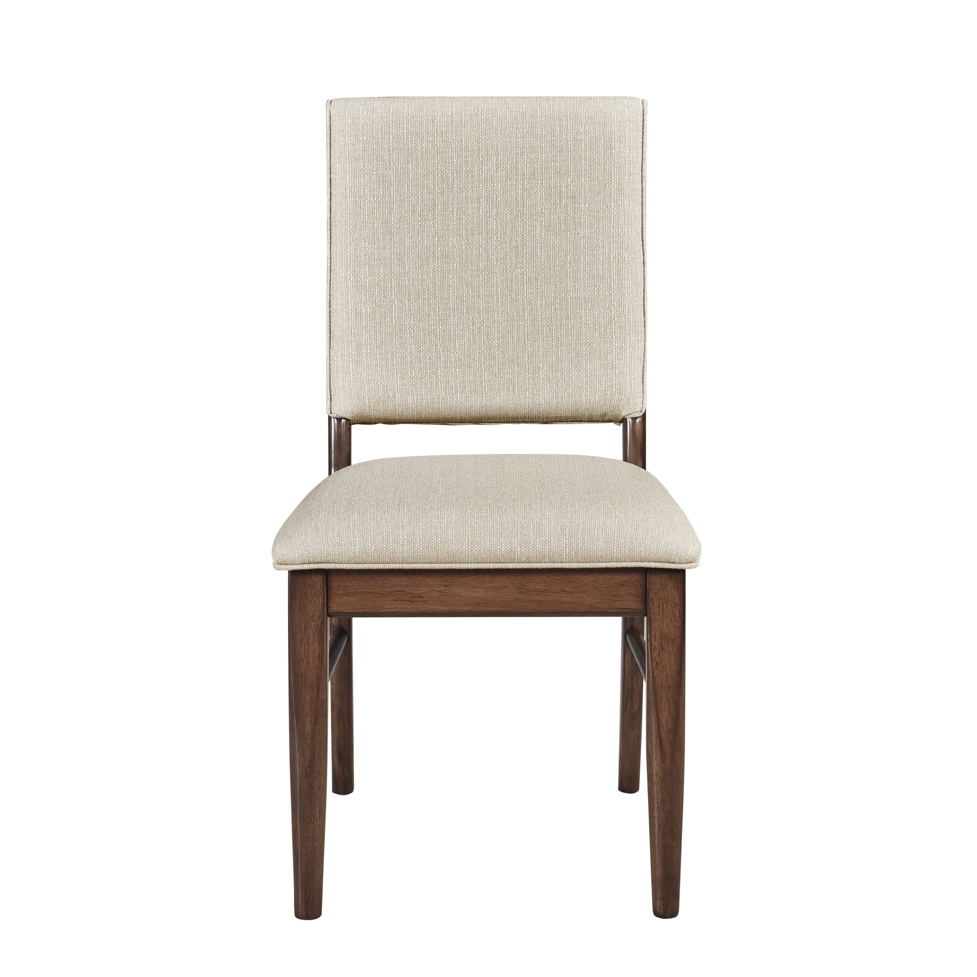 Neutral upholstered dining chair with dark wood legs
