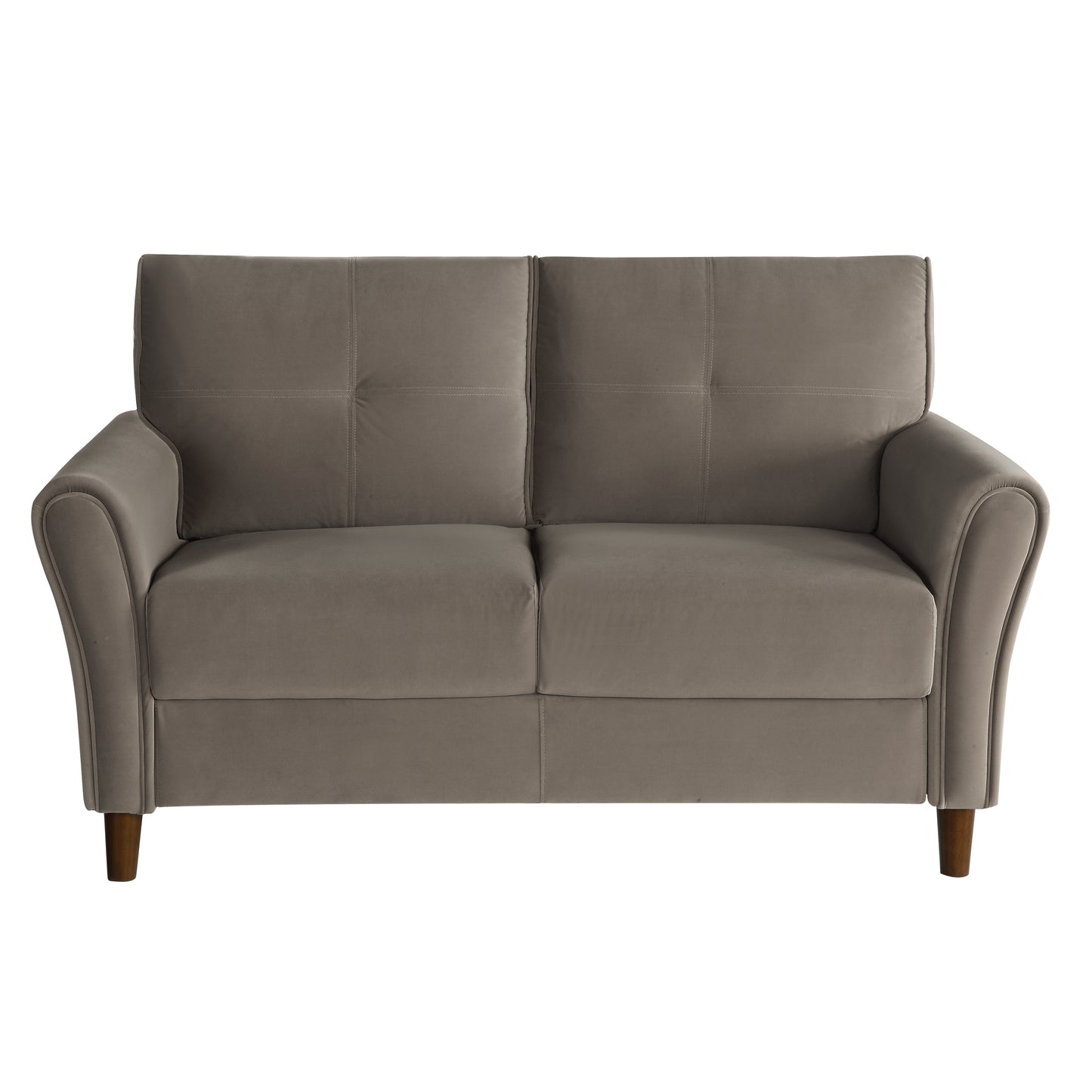 Grey velvet loveseat with tufted back cushions and curved arms
