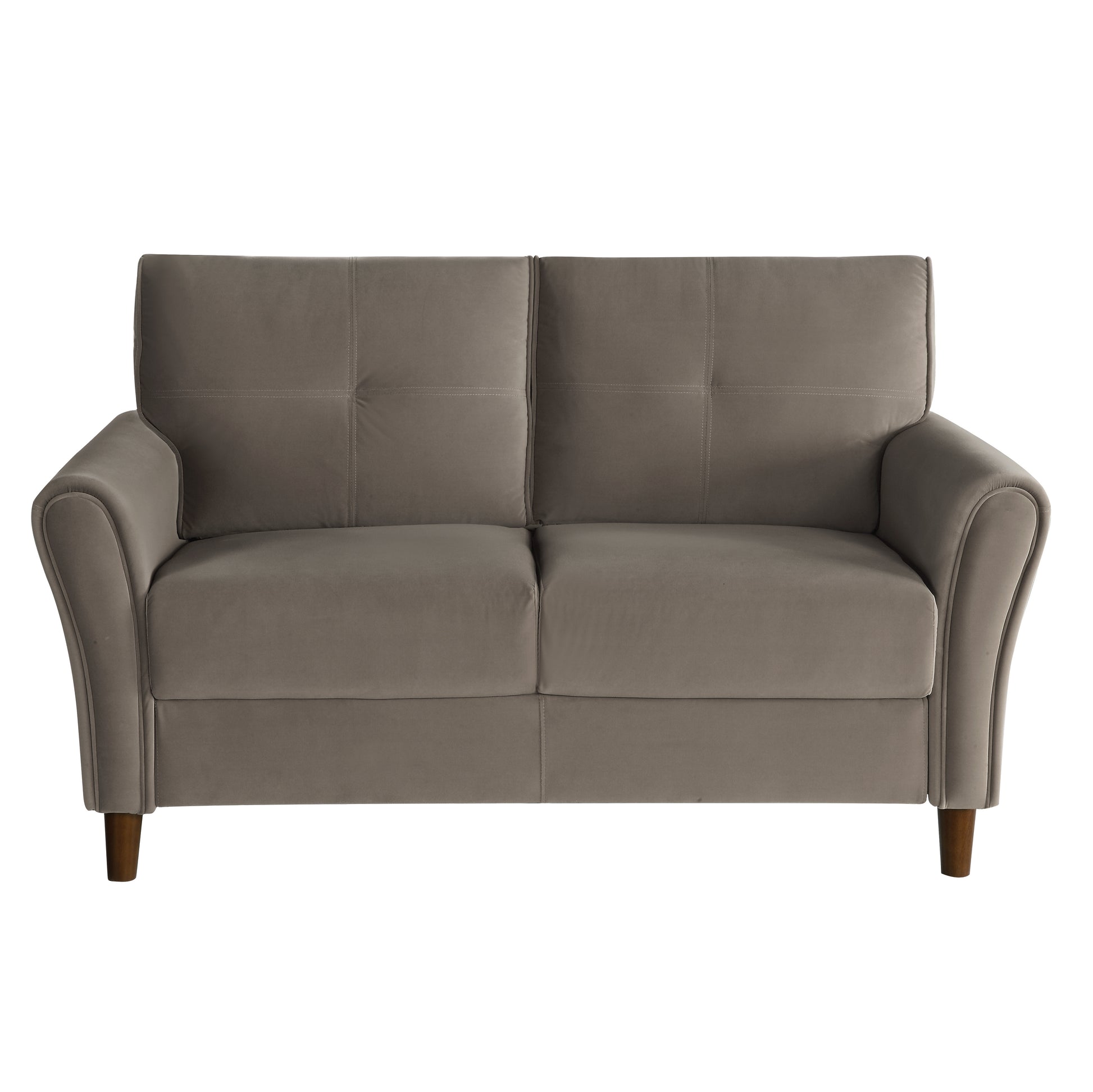 Grey velvet loveseat with tufted back cushions and curved arms