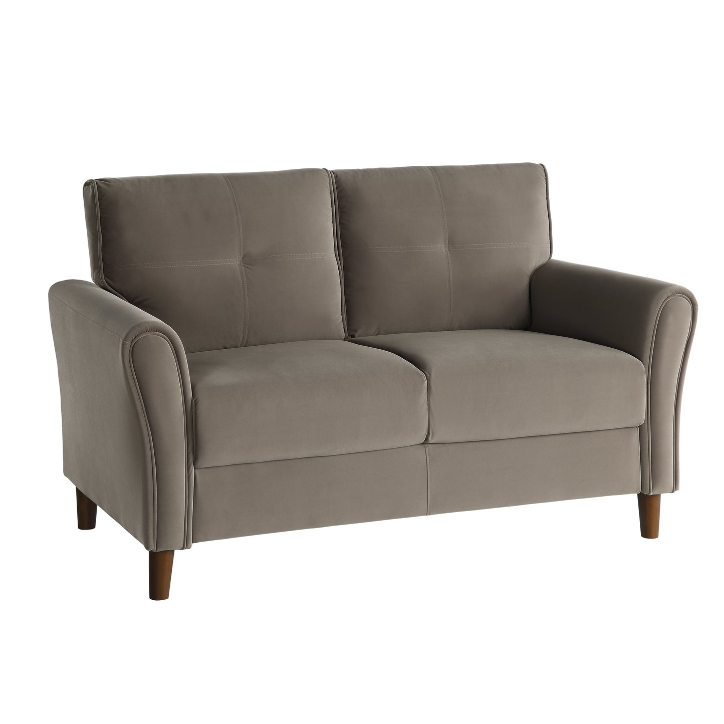 Grey velvet sofa with button tufting and rolled arms