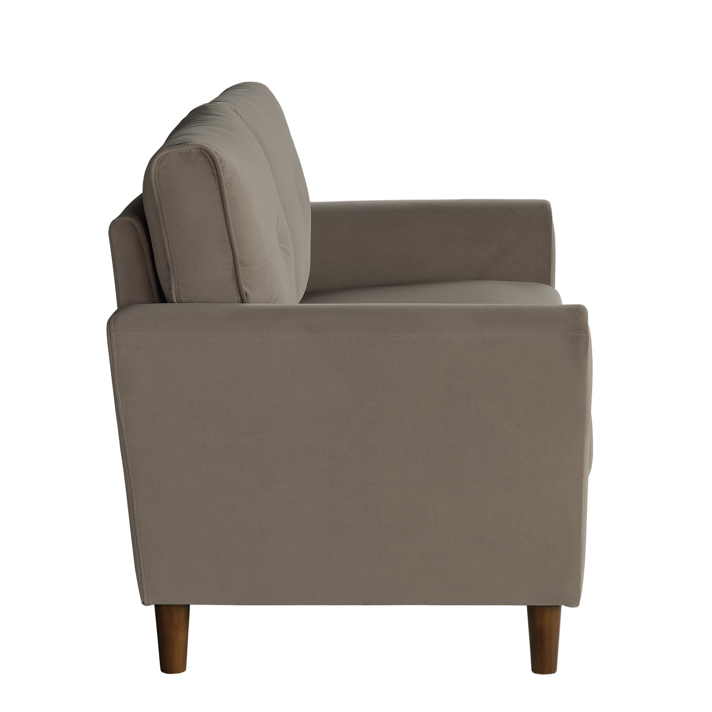 Side view of a plush taupe fabric sofa with wooden tapered legs