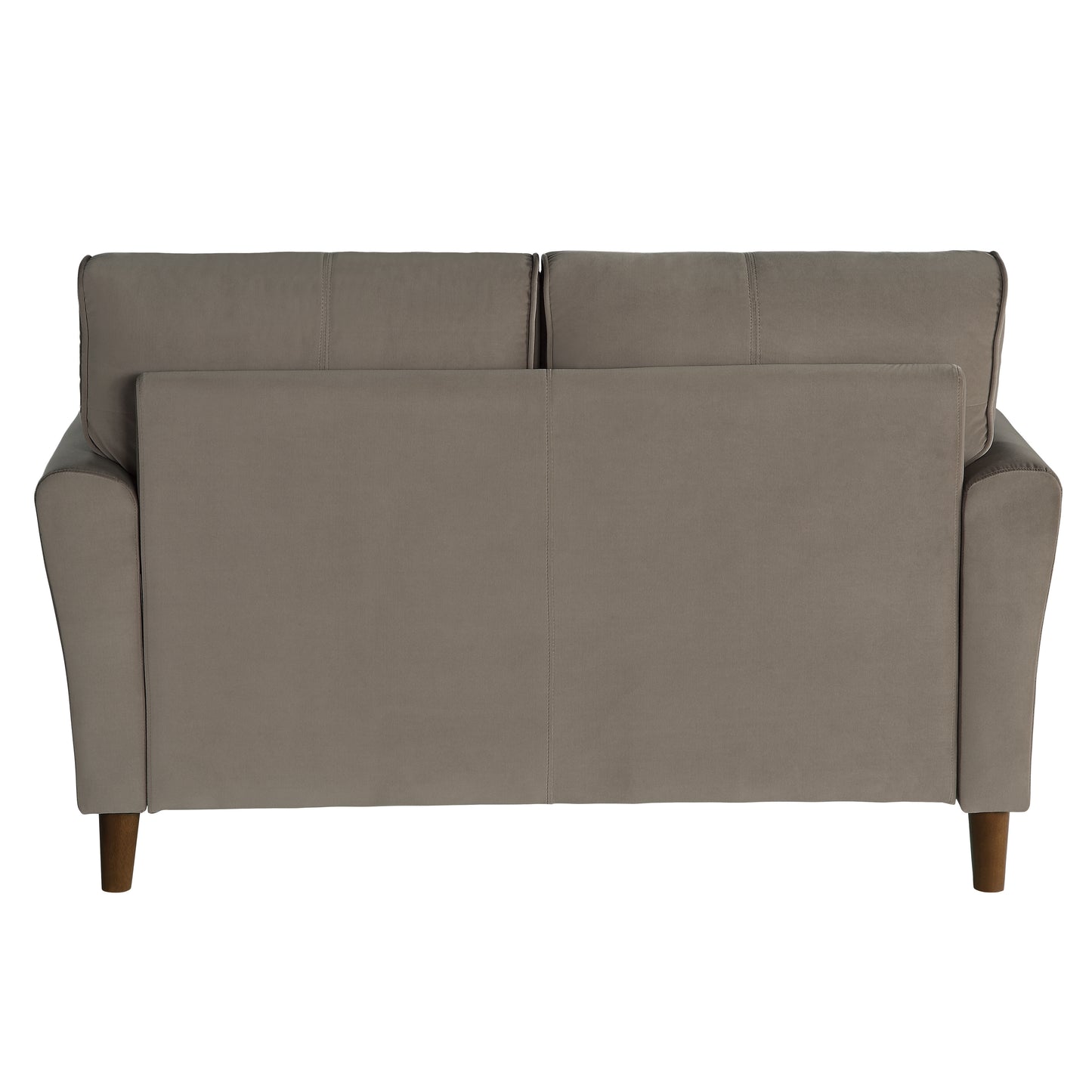 Back view of a twoseater grey velvet sofa with tapered wooden legs