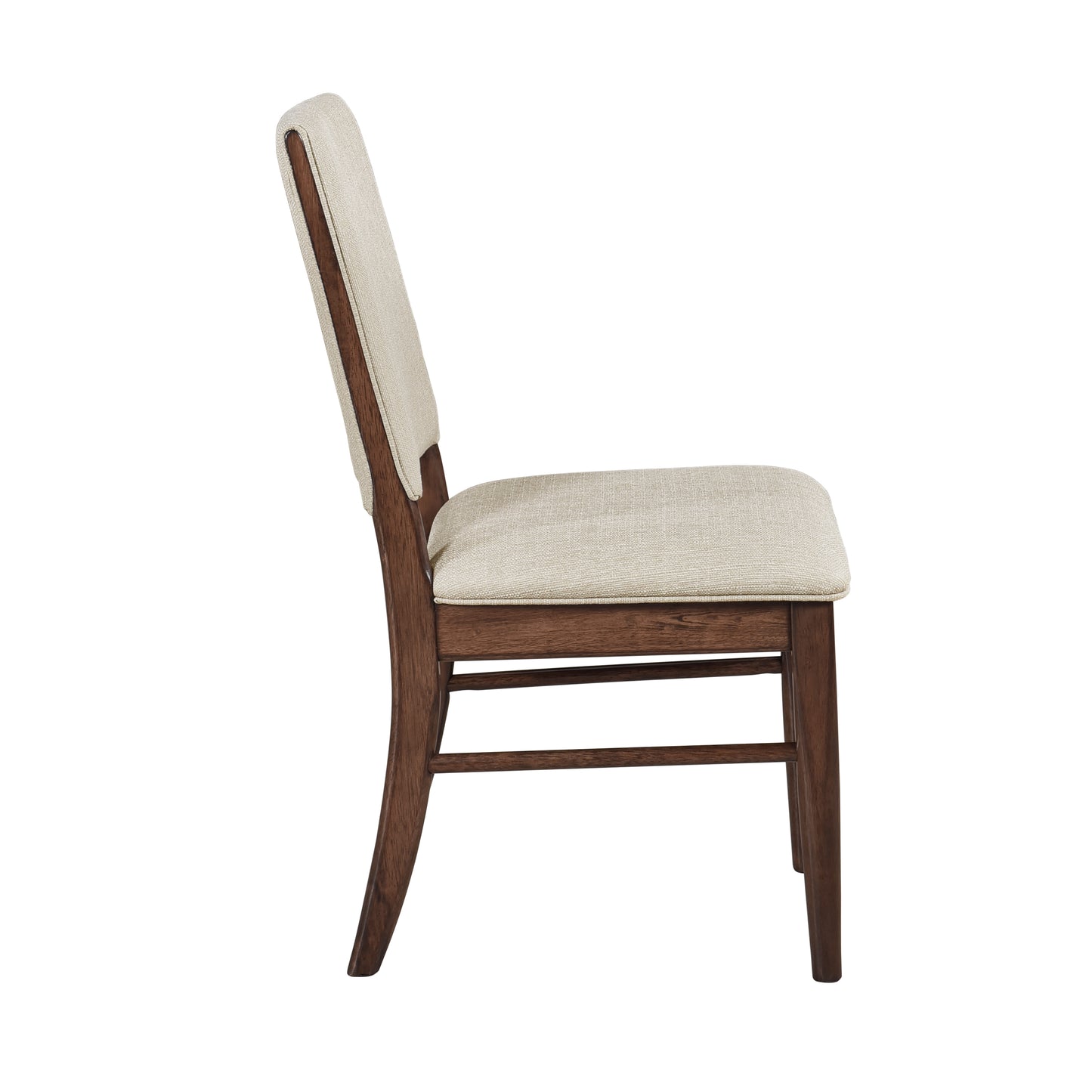 Side view of a modern upholstered dining chair with beige fabric and dark wood frame