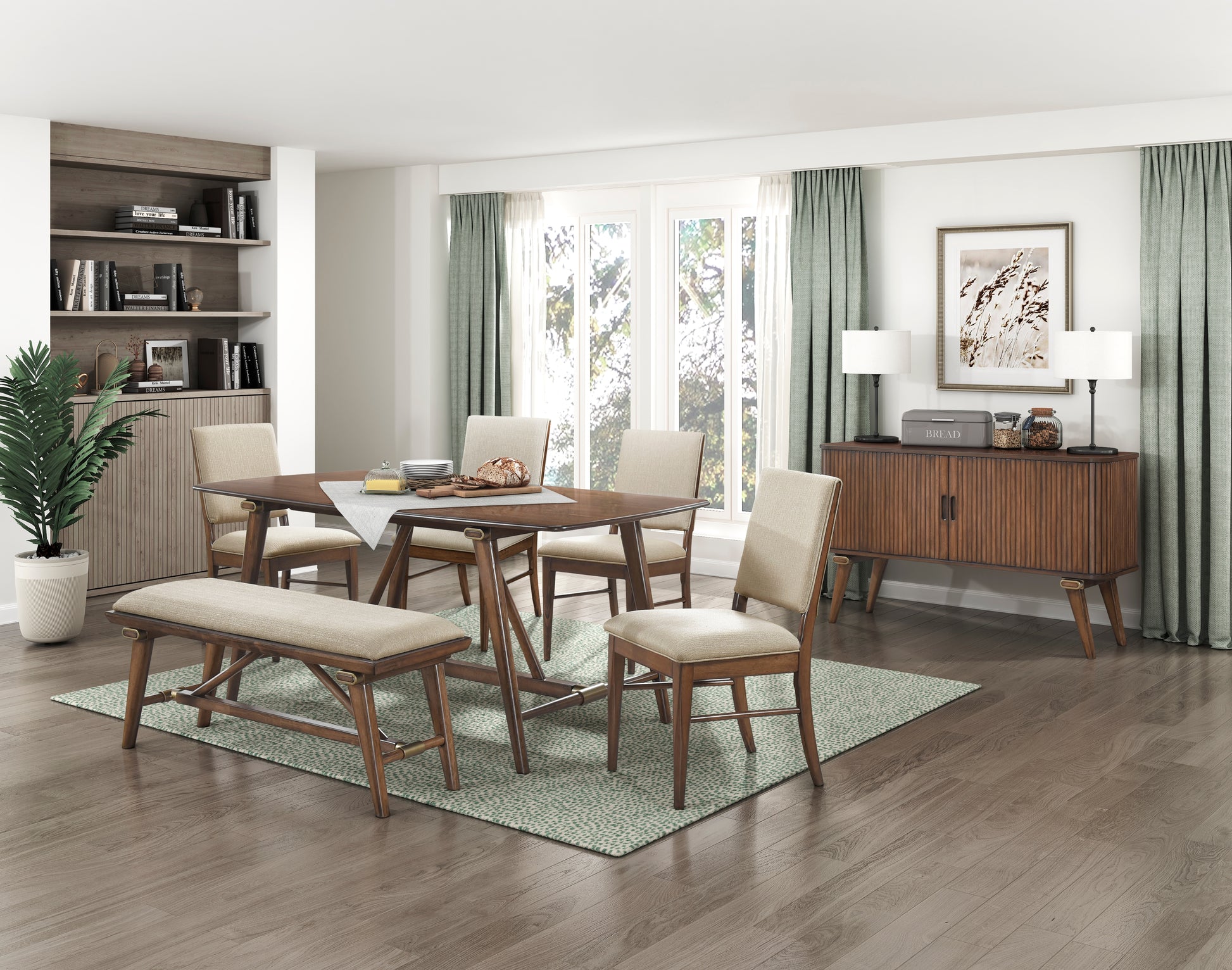 Midcentury modern walnut dining table with upholstered chairs and bench seating