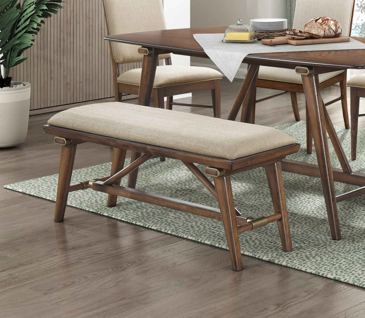 Midcentury modern wooden dining bench with light beige upholstered seat