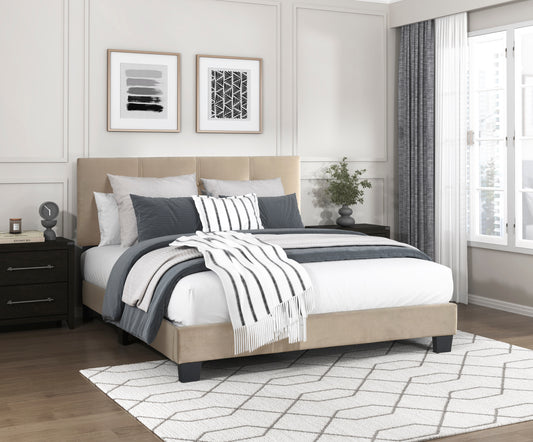 Beige upholstered platform bed with tufted headboard and coordinating bedding