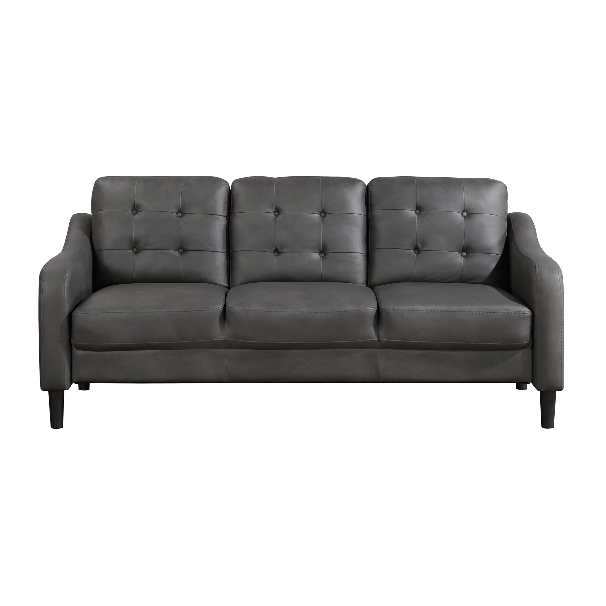 Dark grey tufted faux leather threeseater sofa with square arms and black legs