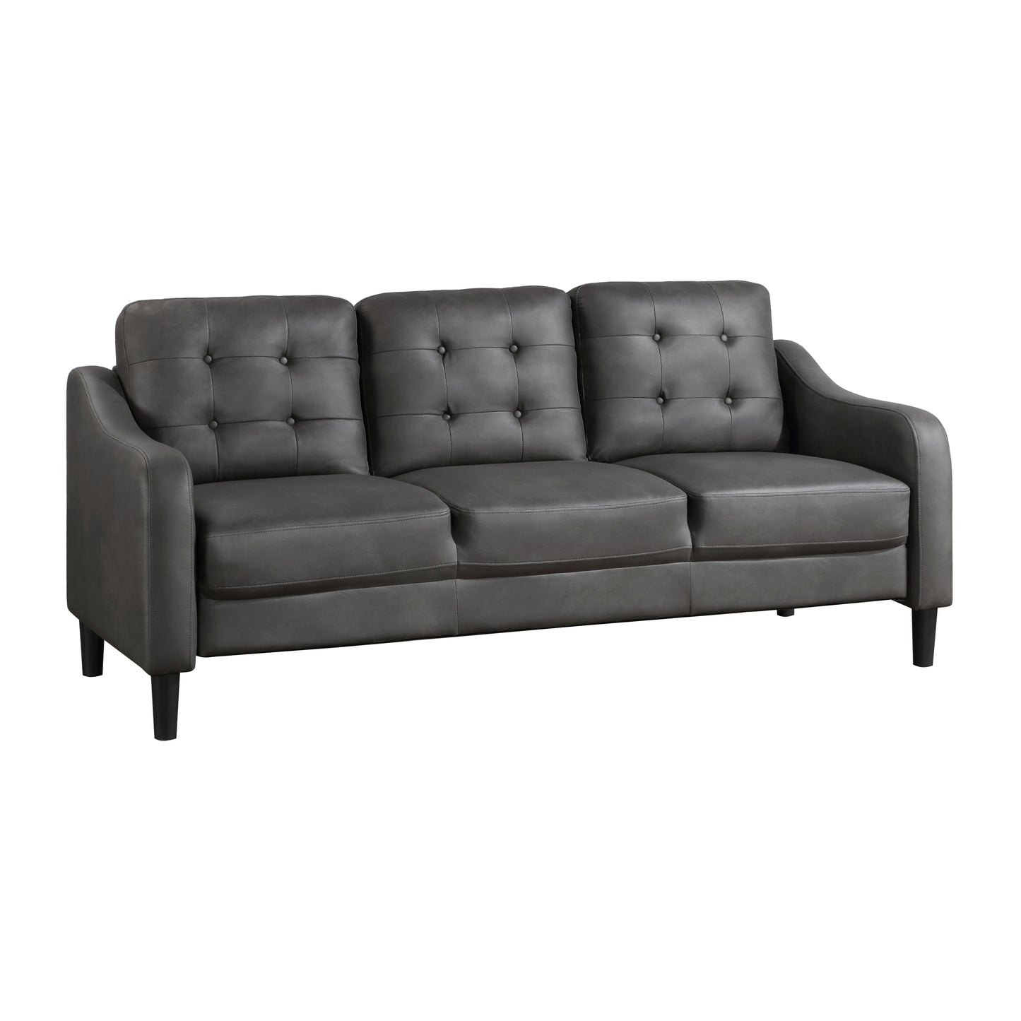 Tufted charcoal gray faux leather sofa with three seats and tapered legs ideal for modern living rooms