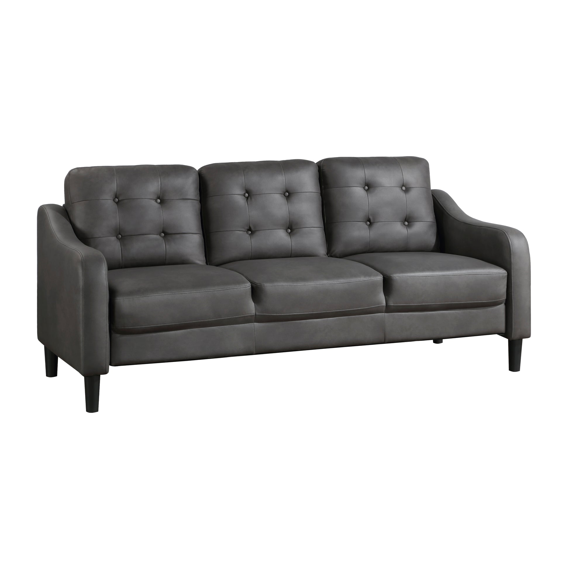 Tufted charcoal gray faux leather sofa with three seats and tapered legs ideal for modern living rooms
