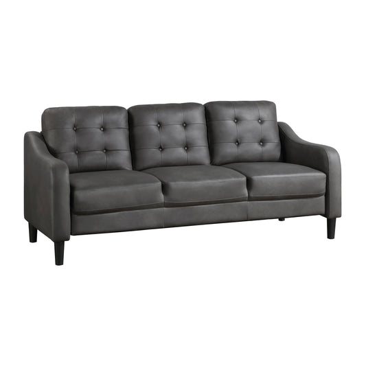 Tufted charcoal gray faux leather sofa with three seats and tapered legs ideal for modern living rooms