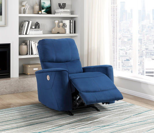 Blue power recliner chair with padded arms and lumbar support