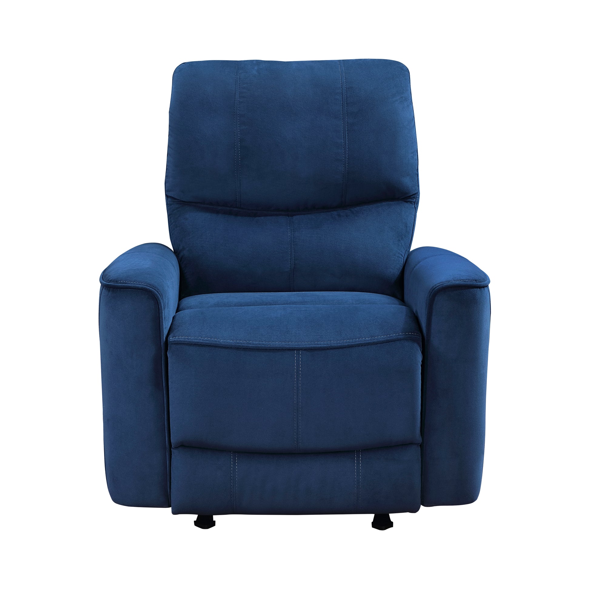 Deep blue velvet recliner chair with plush cushioning and stitched details for ultimate comfort