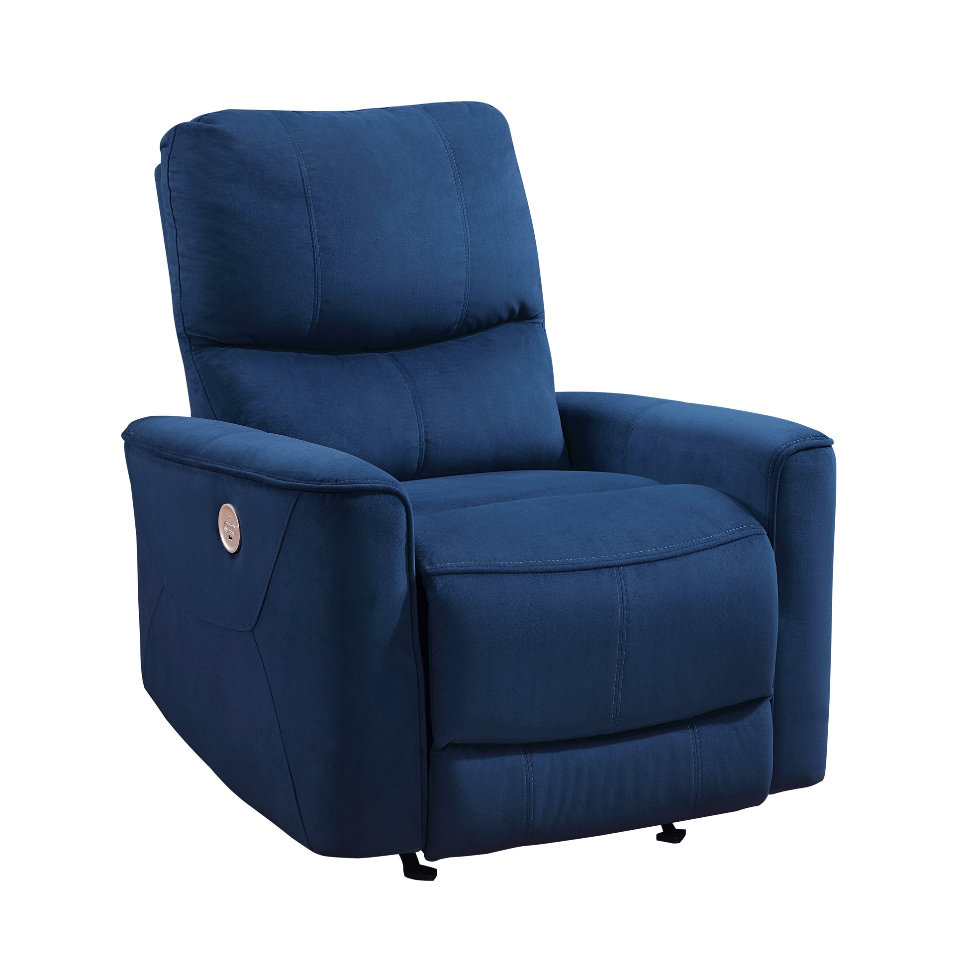 Deep blue fabric recliner chair with integrated USB charger port and sleek modern design