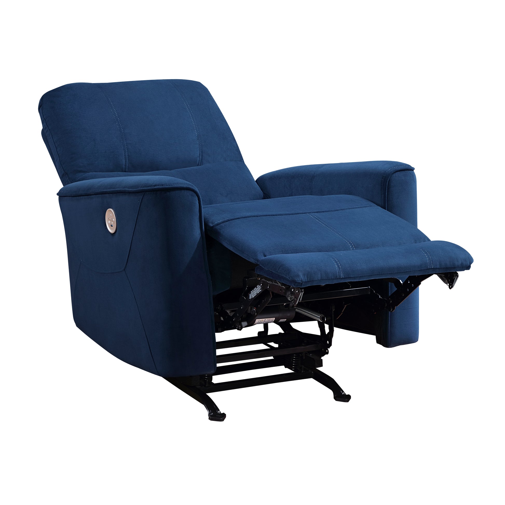Comfortable navy blue power recliner with adjustable footrest and lumbar support