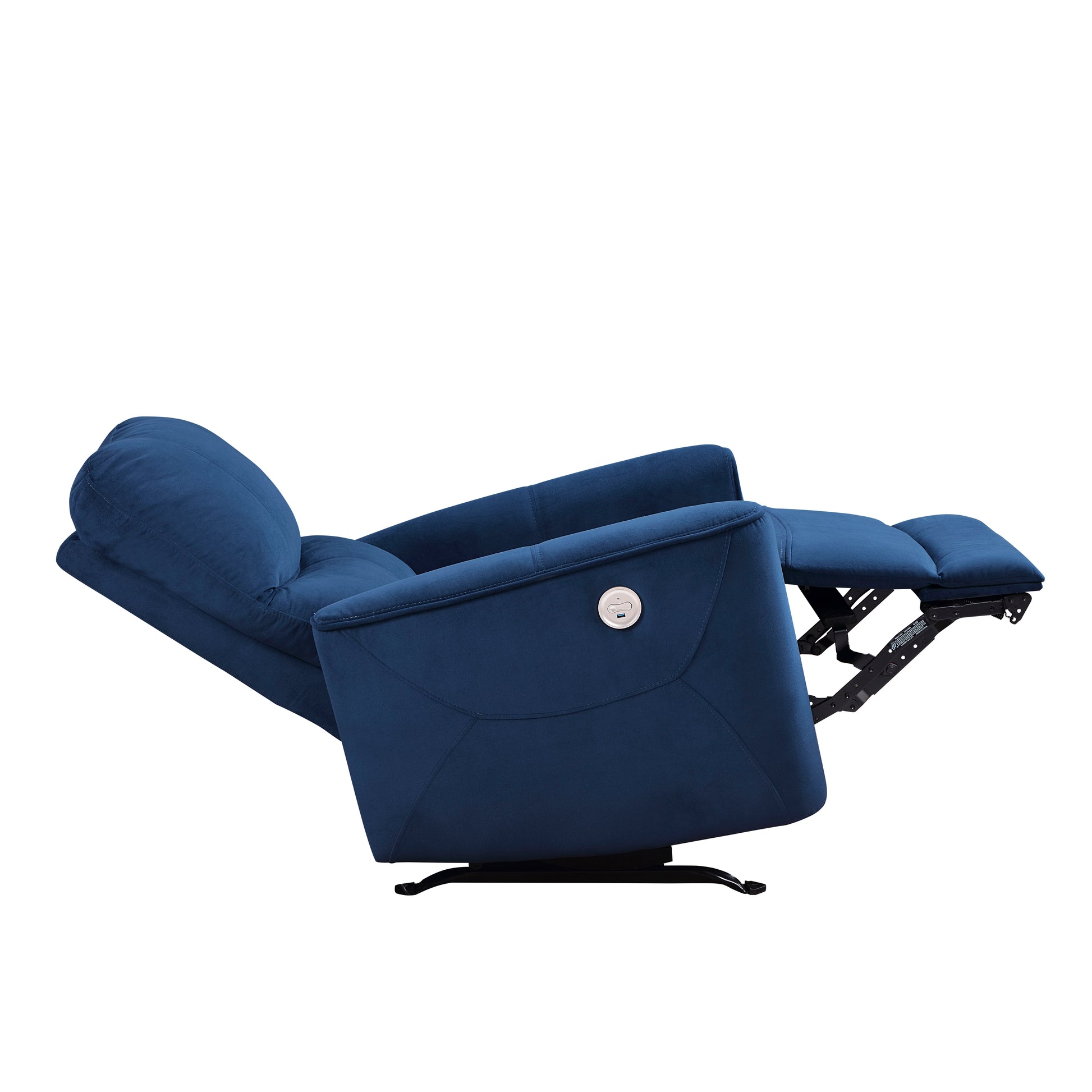 Navy blue velvet power recliner with integrated USB charging port and footrest extended